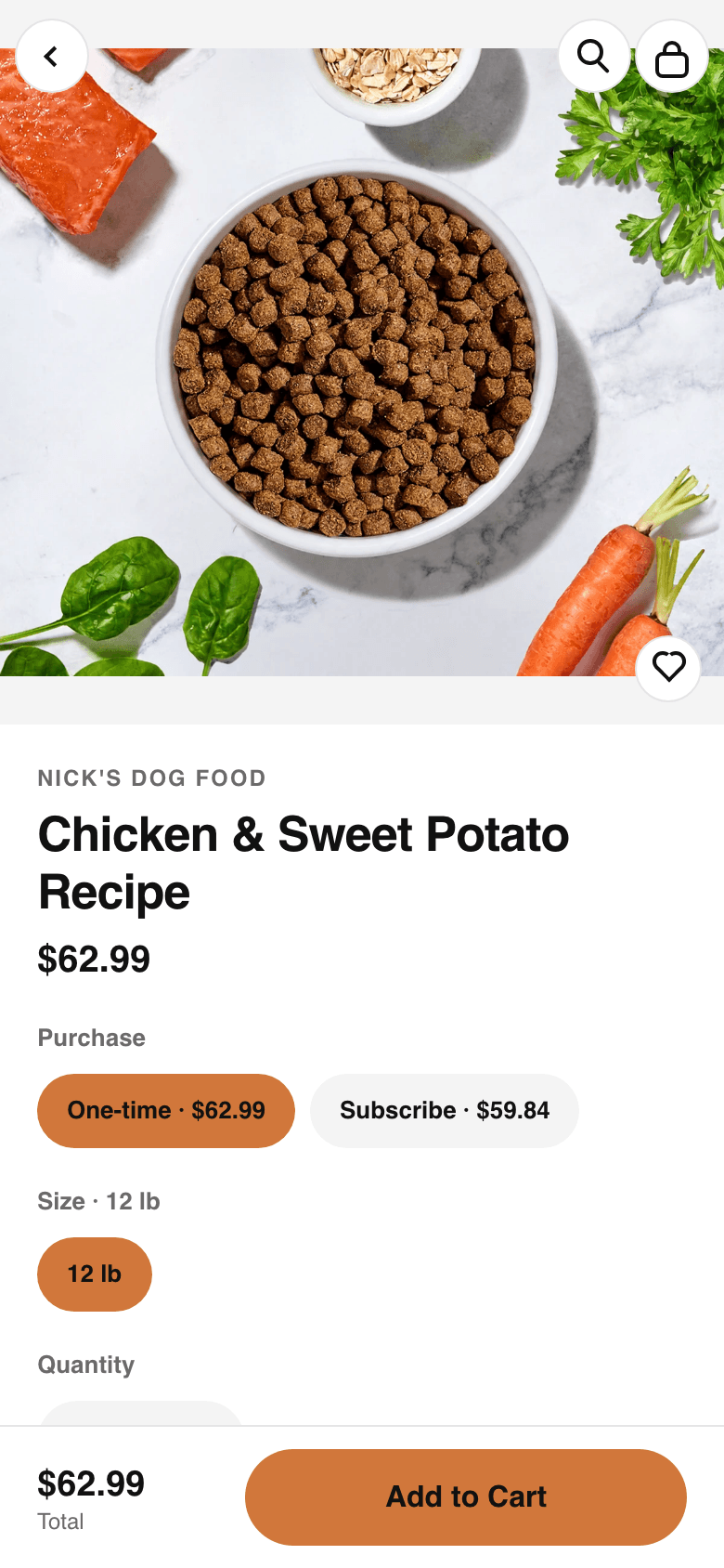 A bag of dog food in a merchant's app priced at $62.99, with the same $62.99 total beside the Add to Cart button